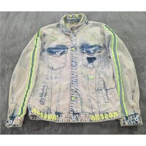Smoke Rise DNM Denim Jacket Distressed Paint Splatter Neon Stripes Womens Sz L